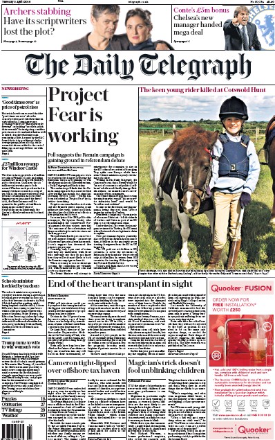 The Daily Telegraph Newspaper Front Page for 5 April 2016
