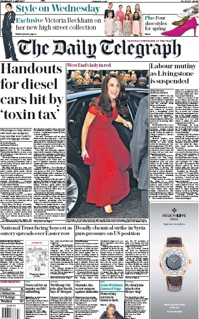 The Daily Telegraph Newspaper Front Page for 5 April 2017