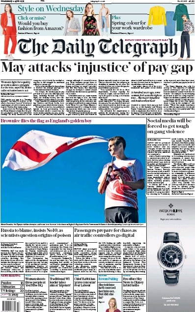 The Daily Telegraph Newspaper Front Page for 5 April 2018