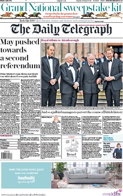 The Daily Telegraph (UK) Newspaper Front Page for 5 April 2019