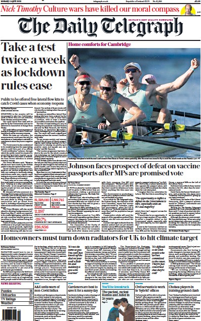 The Daily Telegraph (UK) Newspaper Front Page for 5 April 2021