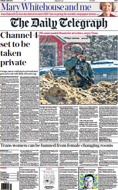 The Daily Telegraph Newspaper Front Page for 5 April 2022