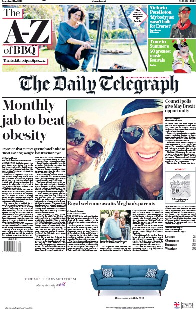 The Daily Telegraph Newspaper Front Page for 5 May 2018