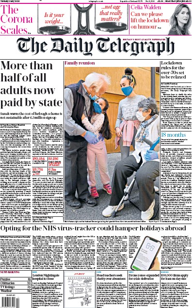 The Daily Telegraph Newspaper Front Page for 5 May 2020