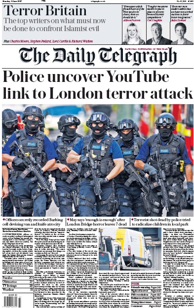 The Daily Telegraph Newspaper Front Page for 5 June 2017