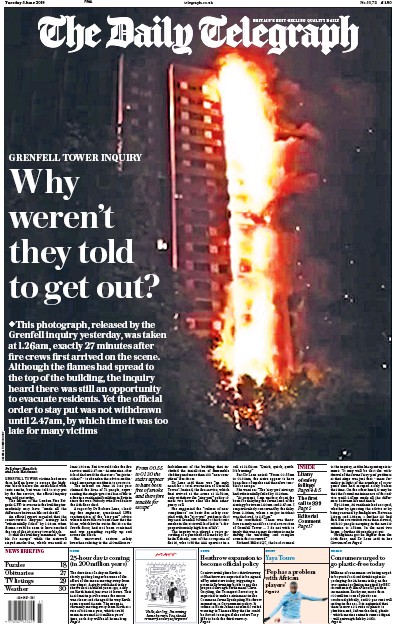 The Daily Telegraph Newspaper Front Page for 5 June 2018