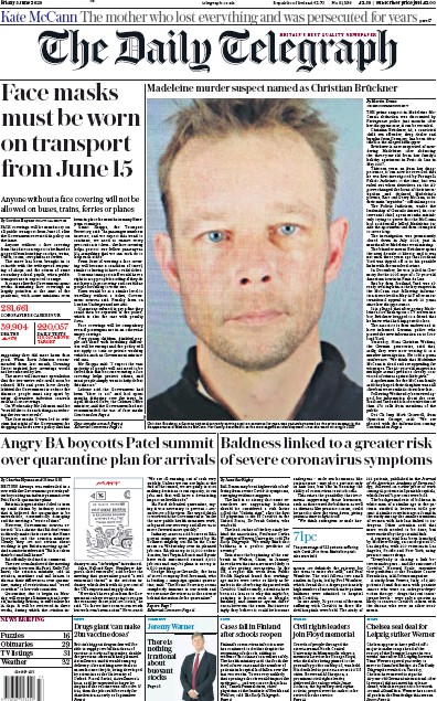 The Daily Telegraph Newspaper Front Page for 5 June 2020