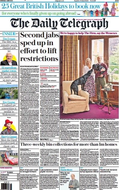 The Daily Telegraph (UK) Newspaper Front Page for 5 June 2021