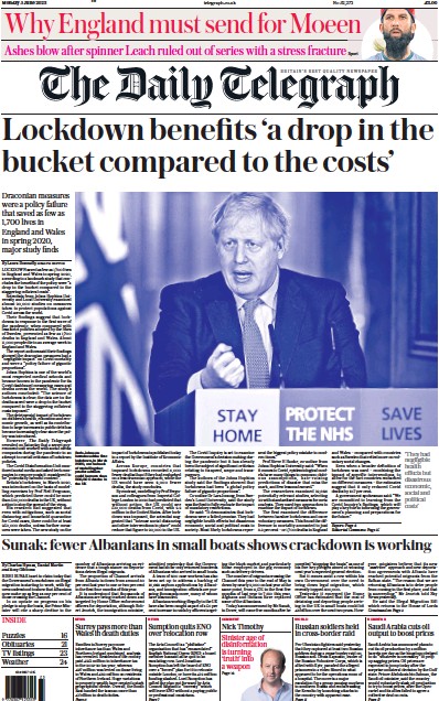 The Daily Telegraph Newspaper Front Page for 5 June 2023