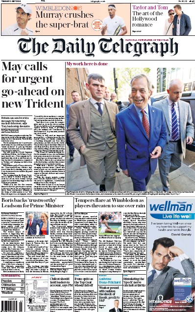 The Daily Telegraph (UK) Newspaper Front Page for 5 July 2016
