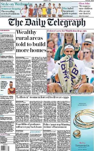 The Daily Telegraph Newspaper Front Page for 5 July 2017