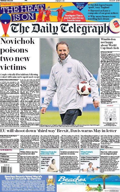 The Daily Telegraph Newspaper Front Page for 5 July 2018