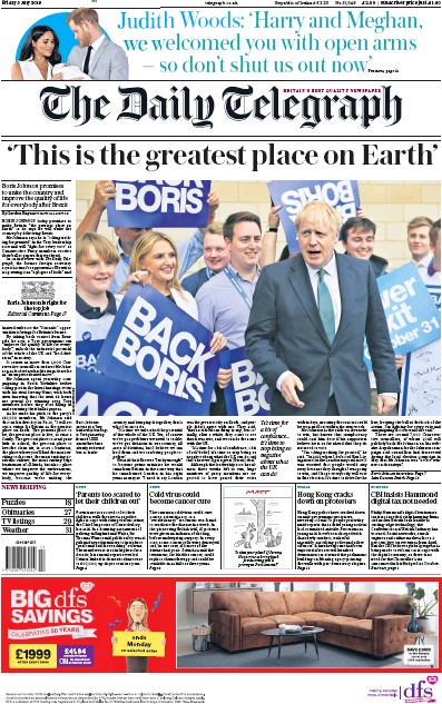 The Daily Telegraph Newspaper Front Page for 5 July 2019