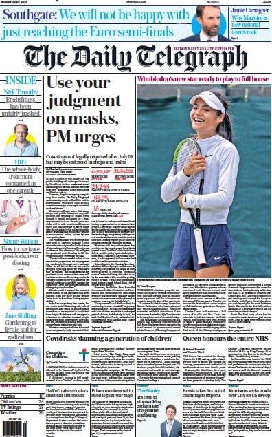 The Daily Telegraph (UK) Newspaper Front Page for 5 July 2021