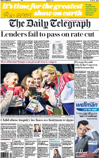The Daily Telegraph (UK) Newspaper Front Page for 5 August 2016