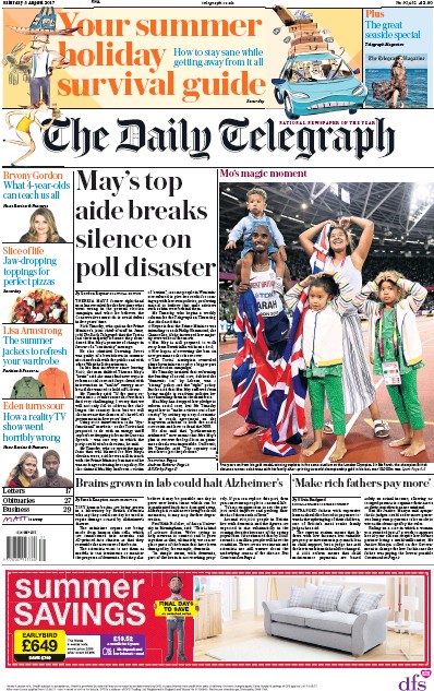 The Daily Telegraph (UK) Newspaper Front Page for 5 August 2017