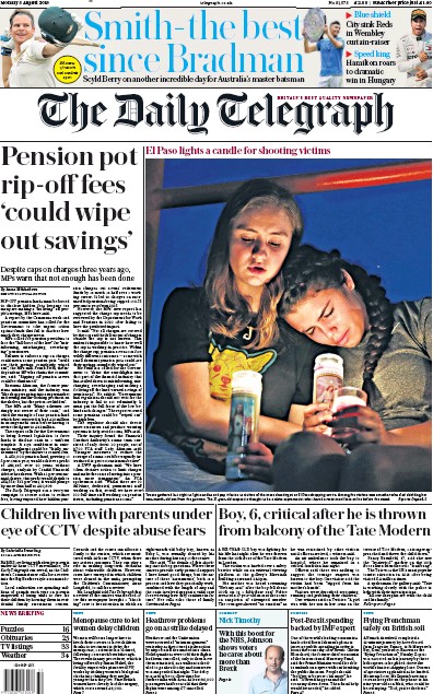 The Daily Telegraph (UK) Newspaper Front Page for 5 August 2019