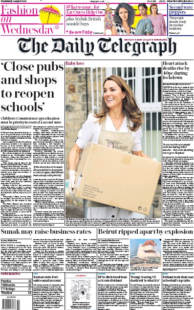 The Daily Telegraph Newspaper Front Page for 5 August 2020
