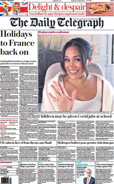 The Daily Telegraph (UK) Newspaper Front Page for 5 August 2021