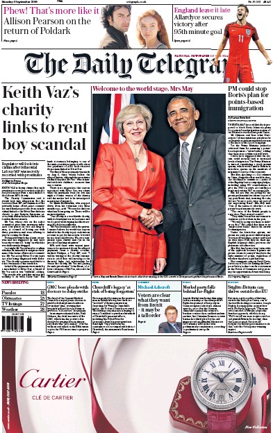 The Daily Telegraph Newspaper Front Page for 5 September 2016