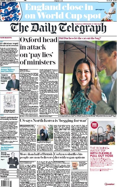 The Daily Telegraph Newspaper Front Page for 5 September 2017