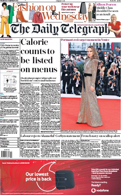 The Daily Telegraph (UK) Newspaper Front Page for 5 September 2018