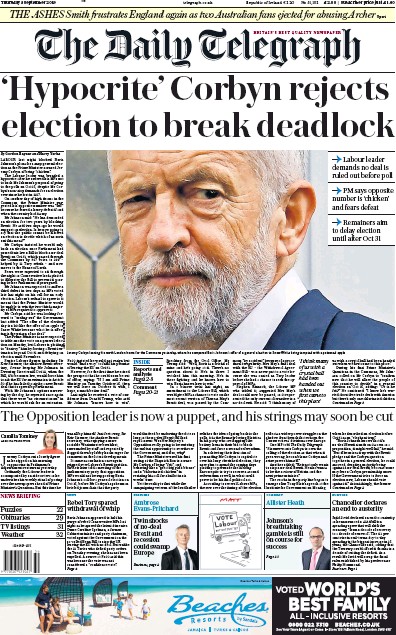 The Daily Telegraph Newspaper Front Page for 5 September 2019