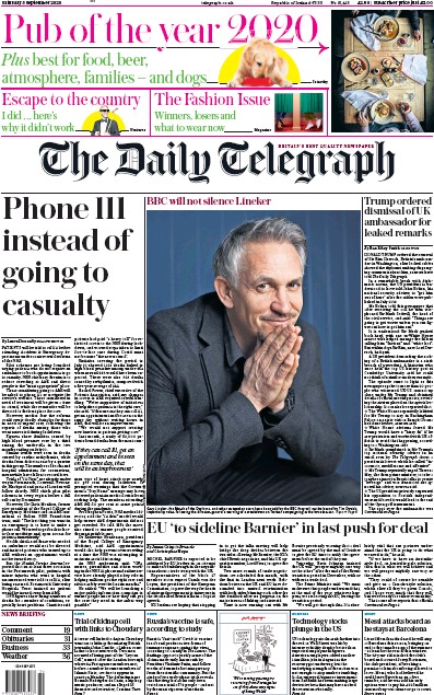 The Daily Telegraph Newspaper Front Page for 5 September 2020