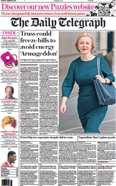 The Daily Telegraph (UK) Newspaper Front Page for 5 September 2022