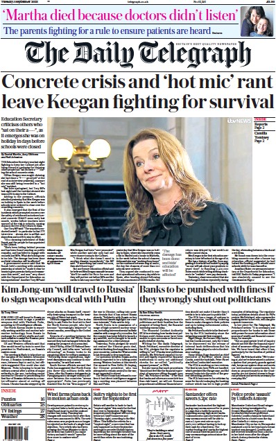 The Daily Telegraph (UK) Newspaper Front Page for 5 September 2023