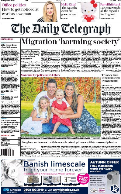 The Daily Telegraph Newspaper Front Page for 6 October 2015
