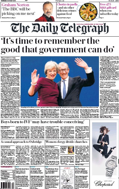 The Daily Telegraph Newspaper Front Page for 6 October 2016