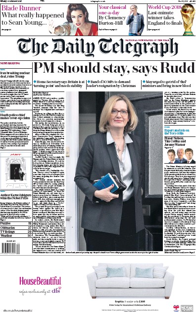 The Daily Telegraph (UK) Newspaper Front Page for 6 October 2017