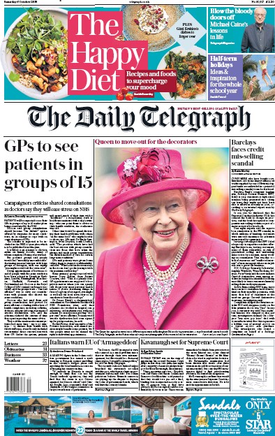The Daily Telegraph Newspaper Front Page for 6 October 2018