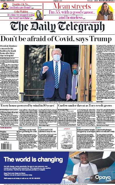 The Daily Telegraph Newspaper Front Page for 6 October 2020