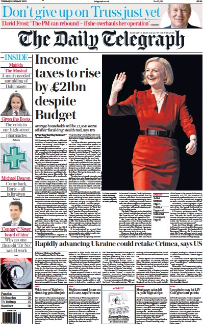 The Daily Telegraph (UK) Newspaper Front Page for 6 October 2022
