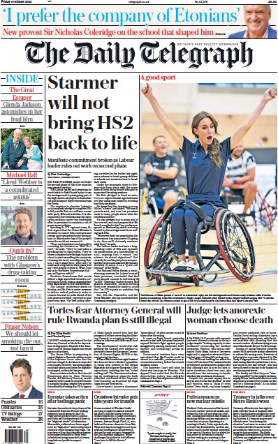 The Daily Telegraph (UK) Newspaper Front Page for 6 October 2023