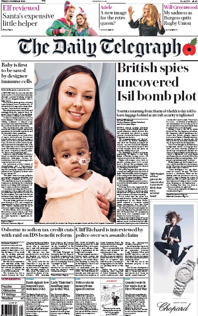 The Daily Telegraph (UK) Newspaper Front Page for 6 November 2015
