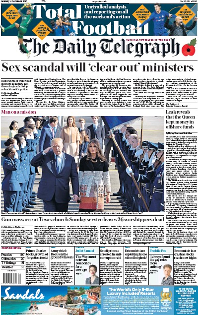 The Daily Telegraph Newspaper Front Page for 6 November 2017