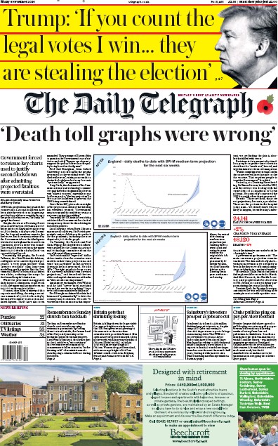 The Daily Telegraph Newspaper Front Page for 6 November 2020