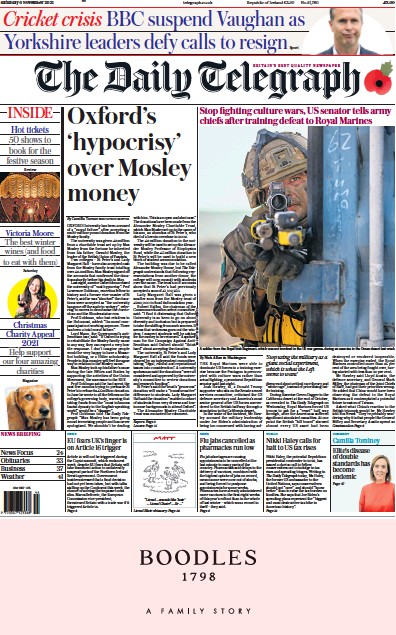 The Daily Telegraph (UK) Newspaper Front Page for 6 November 2021