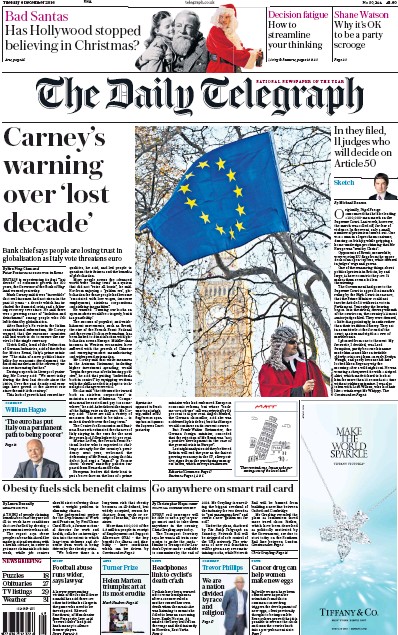 The Daily Telegraph Newspaper Front Page for 6 December 2016