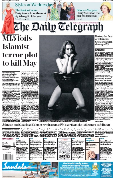 The Daily Telegraph Newspaper Front Page for 6 December 2017