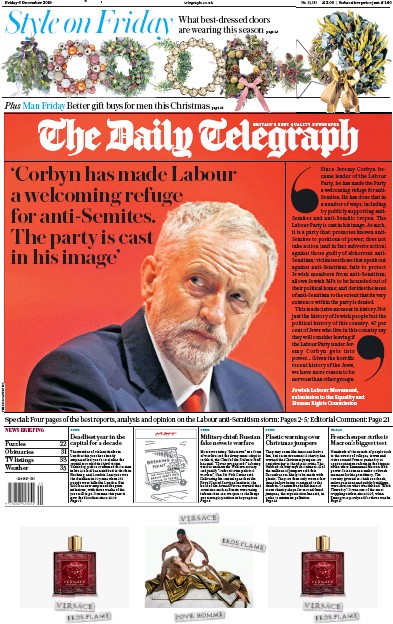 The Daily Telegraph Newspaper Front Page for 6 December 2019