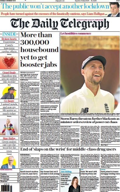 The Daily Telegraph (UK) Newspaper Front Page for 6 December 2021