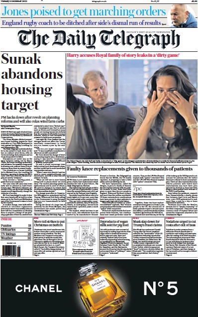 The Daily Telegraph (UK) Newspaper Front Page for 6 December 2022