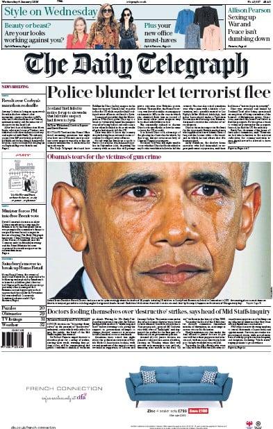 The Daily Telegraph Newspaper Front Page for 6 January 2016