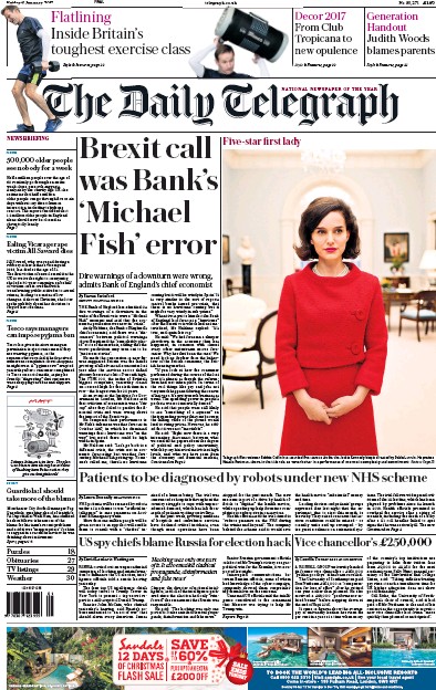 The Daily Telegraph Newspaper Front Page for 6 January 2017