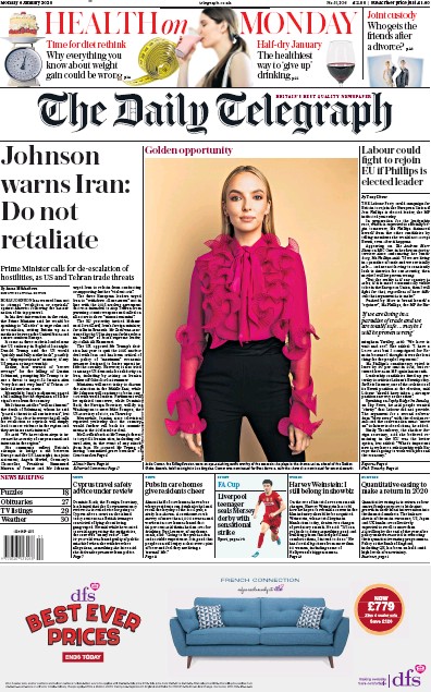 The Daily Telegraph Newspaper Front Page for 6 January 2020