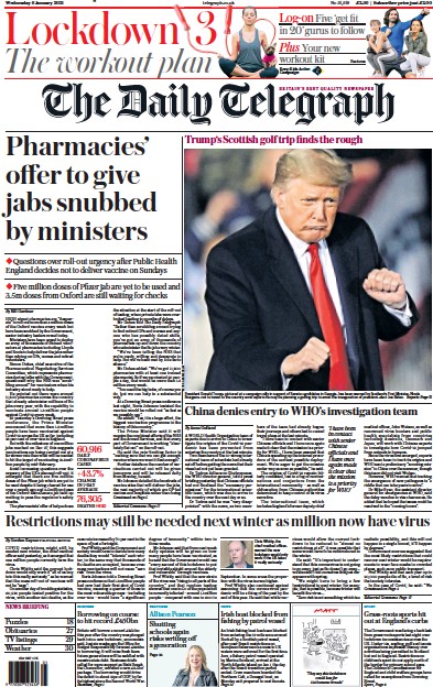 The Daily Telegraph Newspaper Front Page for 6 January 2021